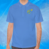 Men’s Sport-Tek polo shirt with Anakainoo International logo, moisture-wicking polyester with globe and butterfly design symbolizing spiritual renewal and transformation through intimacy with God, man wearing light-blue polo shirt