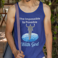 Lightweight Bella+Canvas tank top made from preshrunk cotton with “Impossible Man” design message, “The Impossible Is Possible with God,” inspirational apparel calling believers to step out in faith and walk with God into new possibilities, man wearing blue tank top