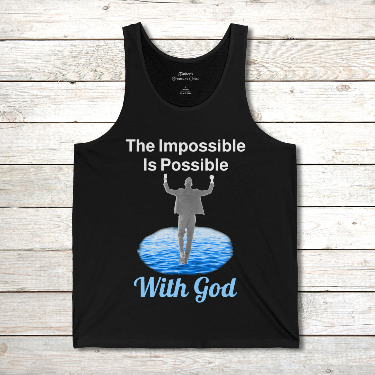 Lightweight Bella+Canvas tank top made from preshrunk cotton with “Impossible Man” design message, “The Impossible Is Possible with God,” inspirational apparel calling believers to step out in faith and walk with God into new possibilities, front of black tank top