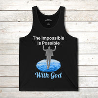 Lightweight Bella+Canvas tank top made from preshrunk cotton with “Impossible Man” design message, “The Impossible Is Possible with God,” inspirational apparel calling believers to step out in faith and walk with God into new possibilities, front of black tank top