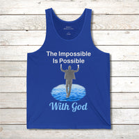 Lightweight Bella+Canvas tank top made from preshrunk cotton with “Impossible Man” design message, “The Impossible Is Possible with God,” inspirational apparel calling believers to step out in faith and walk with God into new possibilities, front of blue tank top