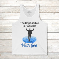 Lightweight Bella+Canvas tank top made from preshrunk cotton with “Impossible Man” design message, “The Impossible Is Possible with God,” inspirational apparel calling believers to step out in faith and walk with God into new possibilities, front of white tank top