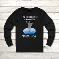 Long-sleeve Bella+Canvas t-shirt made from preshrunk ring-spun cotton with “Impossible Man” design message, “The Impossible Is Possible with God,” inspirational apparel calling believers to step out in faith and trust God for more than they can ask or imagine, front black long-sleeve t-shirt