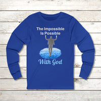 Long-sleeve Bella+Canvas t-shirt made from preshrunk ring-spun cotton with “Impossible Man” design message, “The Impossible Is Possible with God,” inspirational apparel calling believers to step out in faith and trust God for more than they can ask or imagine, front blue long-sleeve t-shirt