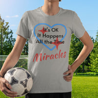 Bella+Canvas youth unisex t-shirt with “Miracles Happen” design and uplifting message, Christian apparel made from soft cotton, ideal for active kids and faith-inspired everyday wear, boy in gray t-shirt