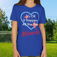 Bella+Canvas youth unisex t-shirt with “Miracles Happen” design and uplifting message, Christian apparel made from soft cotton, ideal for active kids and faith-inspired everyday wear, girl in blue t-shirt