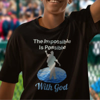 Bella+Canvas youth unisex t-shirt with “Impossible Teen” design featuring a teen walking on water and uplifting message, Christian apparel made from soft cotton, perfect for active wear and spiritual encouragement, boy in black t-shirt