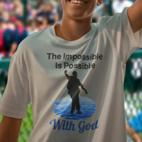 Bella+Canvas youth unisex t-shirt with “Impossible Teen” design featuring a teen walking on water and uplifting message, Christian apparel made from soft cotton, perfect for active wear and spiritual encouragement, boy in gray t-shirt