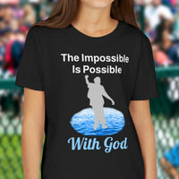 Bella+Canvas youth unisex t-shirt with “Impossible Teen” design featuring a teen walking on water and uplifting message, Christian apparel made from soft cotton, perfect for active wear and spiritual encouragement, girl in black t-shirt
