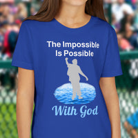 Bella+Canvas youth unisex t-shirt with “Impossible Teen” design featuring a teen walking on water and uplifting message, Christian apparel made from soft cotton, perfect for active wear and spiritual encouragement, girl in blue t-shirt