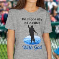Bella+Canvas youth unisex t-shirt with “Impossible Teen” design featuring a teen walking on water and uplifting message, Christian apparel made from soft cotton, perfect for active wear and spiritual encouragement, girl in gray t-shirt