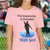 Bella+Canvas youth unisex t-shirt with “Impossible Teen” design featuring a teen walking on water and uplifting message, Christian apparel made from soft cotton, perfect for active wear and spiritual encouragement, girl in pink t-shirt