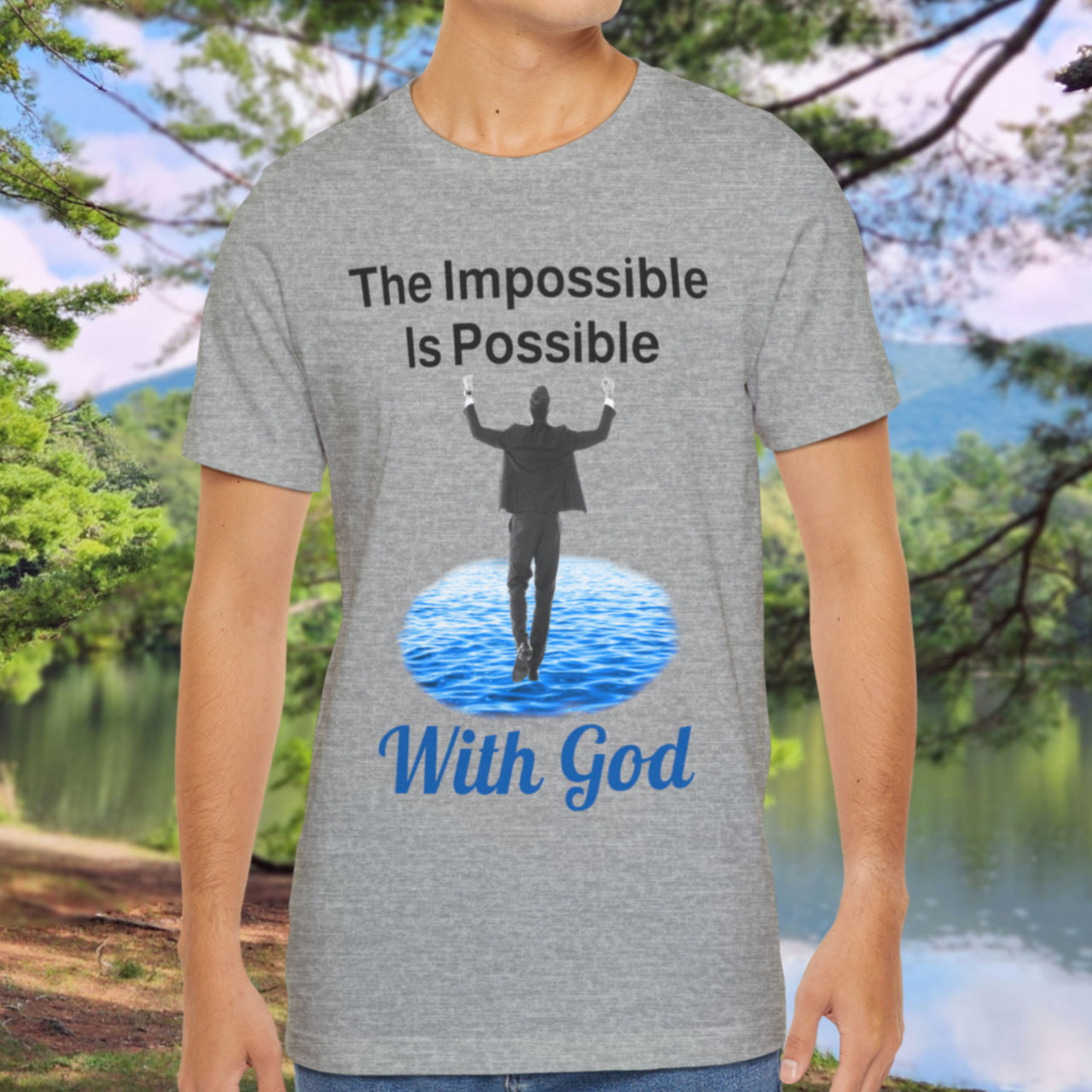 Soft, breathable Bella+Canvas t-shirt made from preshrunk cotton with “Impossible Man” design message, “The Impossible Is Possible with God,” inspirational shirt encouraging bold faith to step out and follow God into the impossible, man in t-shirt - gray shirt