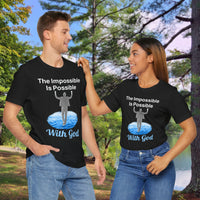 Soft, breathable Bella+Canvas t-shirt made from preshrunk cotton with “Impossible Man” design message, “The Impossible Is Possible with God,” inspirational shirt encouraging bold faith to step out and follow God into the impossible, couple wearing t-shirt - black shirt