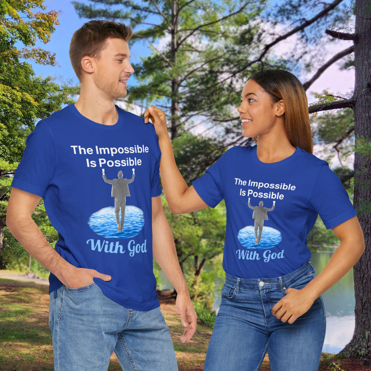 Soft, breathable Bella+Canvas t-shirt made from preshrunk cotton with “Impossible Man” design message, “The Impossible Is Possible with God,” inspirational shirt encouraging bold faith to step out and follow God into the impossible, couple wearing t-shirt - blue shirt
