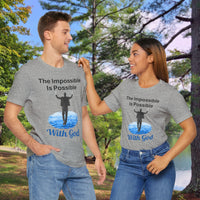 Soft, breathable Bella+Canvas t-shirt made from preshrunk cotton with “Impossible Man” design message, “The Impossible Is Possible with God,” inspirational shirt encouraging bold faith to step out and follow God into the impossible, couple wearing t-shirt - gray shirt
