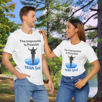 Soft, breathable Bella+Canvas t-shirt made from preshrunk cotton with “Impossible Man” design message, “The Impossible Is Possible with God,” inspirational shirt encouraging bold faith to step out and follow God into the impossible, couple wearing white t-shirt