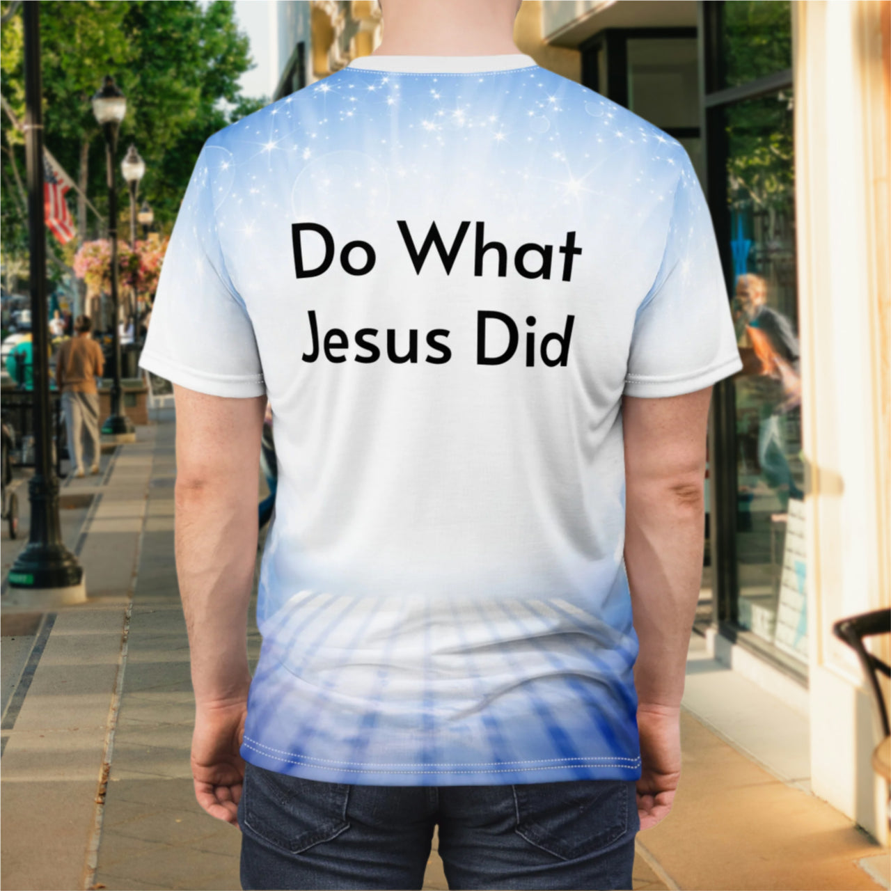 Soft, breathable activewear shirt with “Miracles Happen” design, message “It’s OK. It Happens All the Time – Miracles,” inspirational shirt for expecting God's tangible goodness daily, back of shirt displaying "Do What Jesus Did"