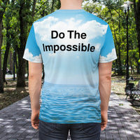 Soft, breathable activewear shirt with “Impossible Man” design, message “The Impossible Is Possible with God,” spiritual shirt for men pursuing God's unexpected possibilities, back of shirt displaying