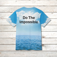 Soft, breathable activewear shirt with “Impossible Man” design, message “The Impossible Is Possible with God,” spiritual shirt for men pursuing God's unexpected possibilities, back of shirt displaying,