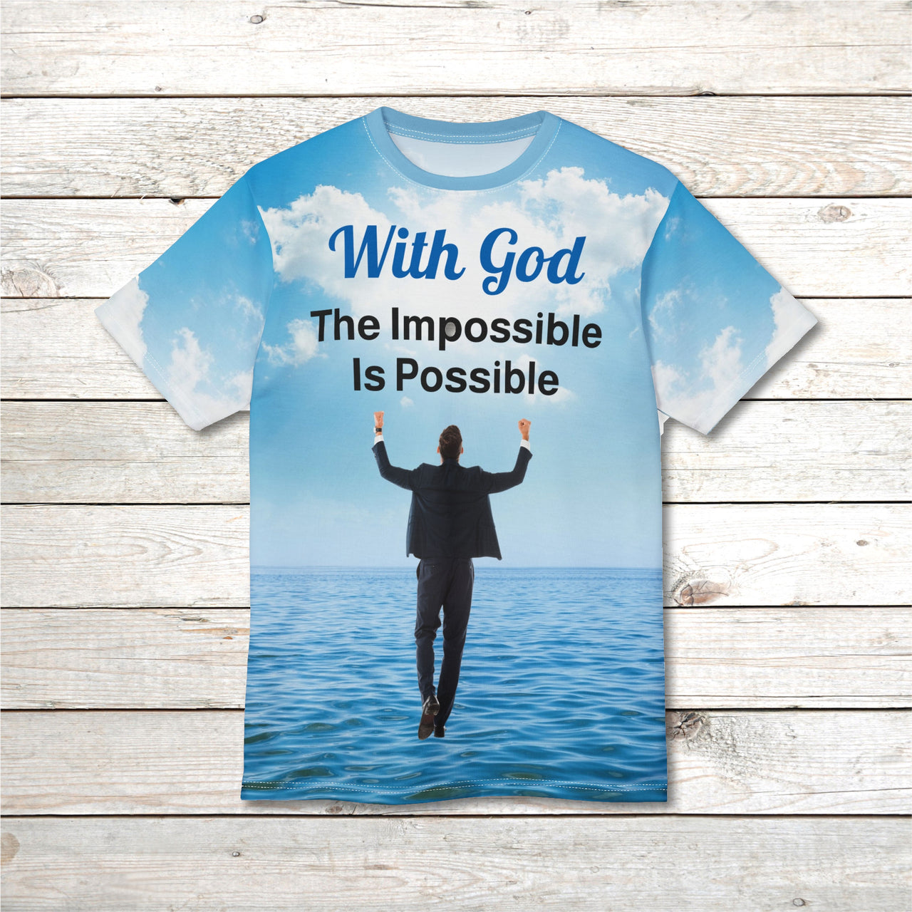 Soft, breathable activewear shirt with “Impossible Man” design, message “The Impossible Is Possible with God,” spiritual shirt for men pursuing God's unexpected possibilities, front shirt layout