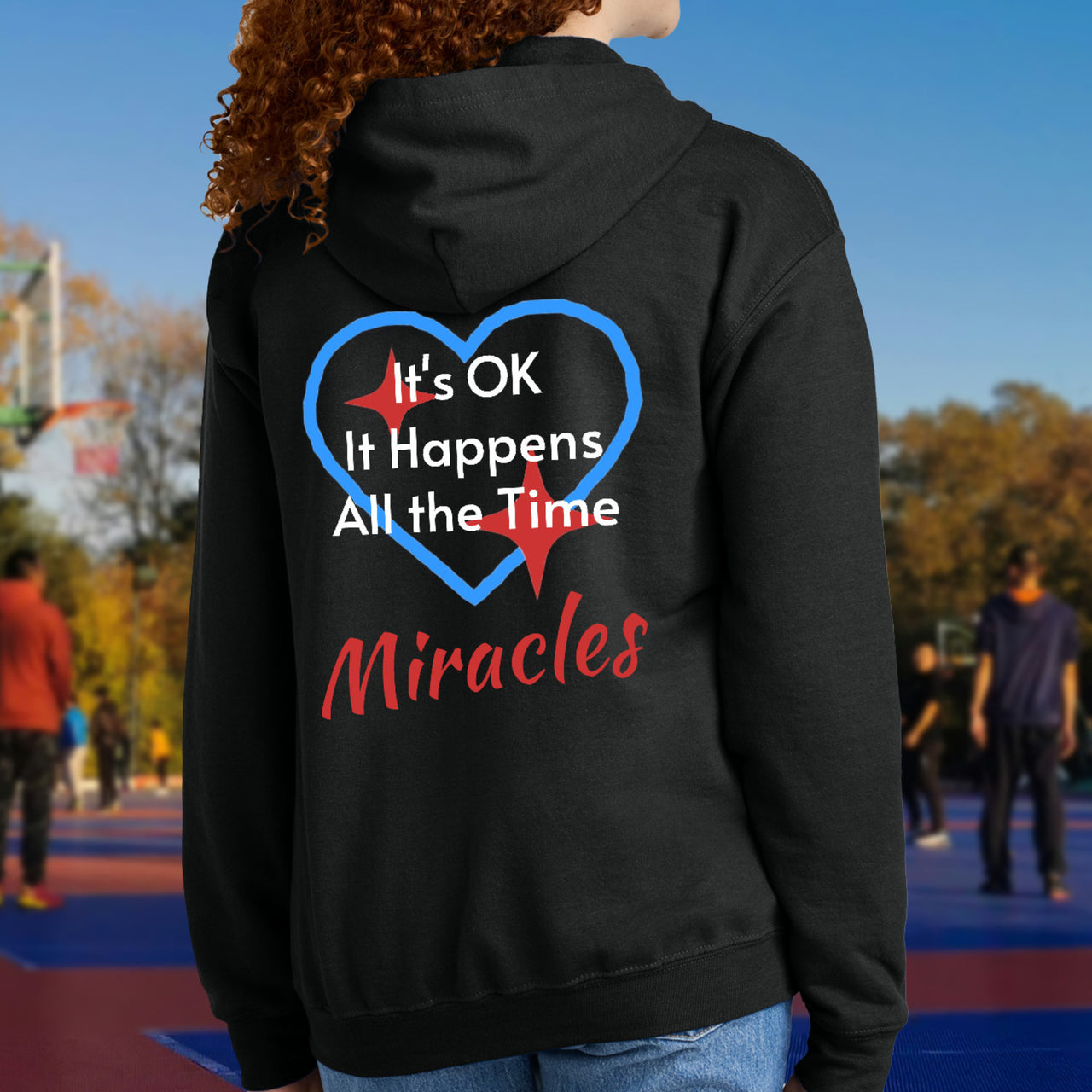 Gildan youth zip-up hoodie with “Miracles Happen” design and uplifting message, Christian apparel made from soft preshrunk fleece, ideal for cooler weather and faith-inspired comfort, teen in black hoodie