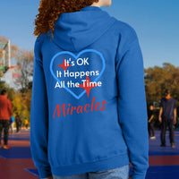 Gildan youth zip-up hoodie with “Miracles Happen” design and uplifting message, Christian apparel made from soft preshrunk fleece, ideal for cooler weather and faith-inspired comfort, teen in blue hoodie