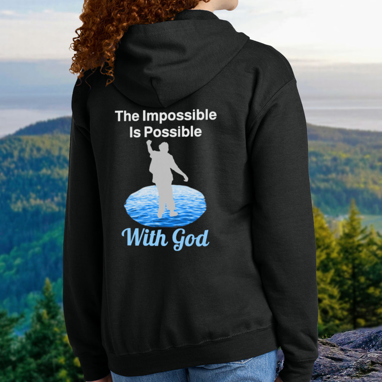 Gildan youth zip-up hoodie with “Impossible Teen” design featuring a teen walking on water and uplifting message, Christian apparel made from soft preshrunk fleece, perfect for cold weather and spiritual encouragement, teen in black hoodie
