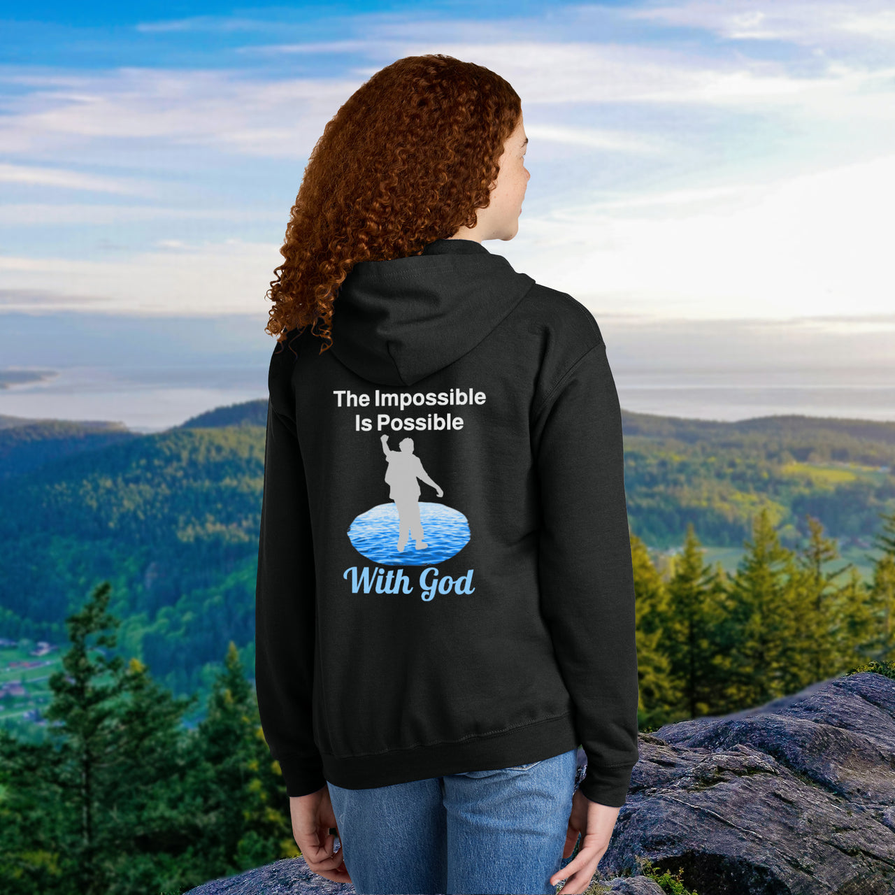 Gildan Youth Unisex Zip-Up Hoodie, Walk on Water Teen (Image on Back)