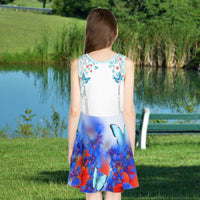 Blue girls’ sundress with butterfly and flower design, “I love you” message, part of Paisley’s Corner Collection, lightweight polyester-spandex blend, ideal for summer and special occasions, girl in butterfly sundress - back view
