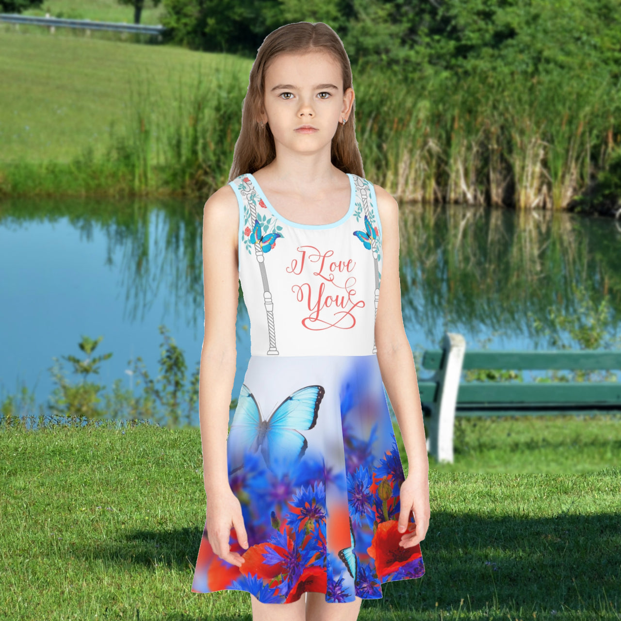 Blue girls’ sundress with butterfly and flower design, “I love you” message, part of Paisley’s Corner Collection, lightweight polyester-spandex blend, ideal for summer and special occasions, 2nd girl in butterfly sundress