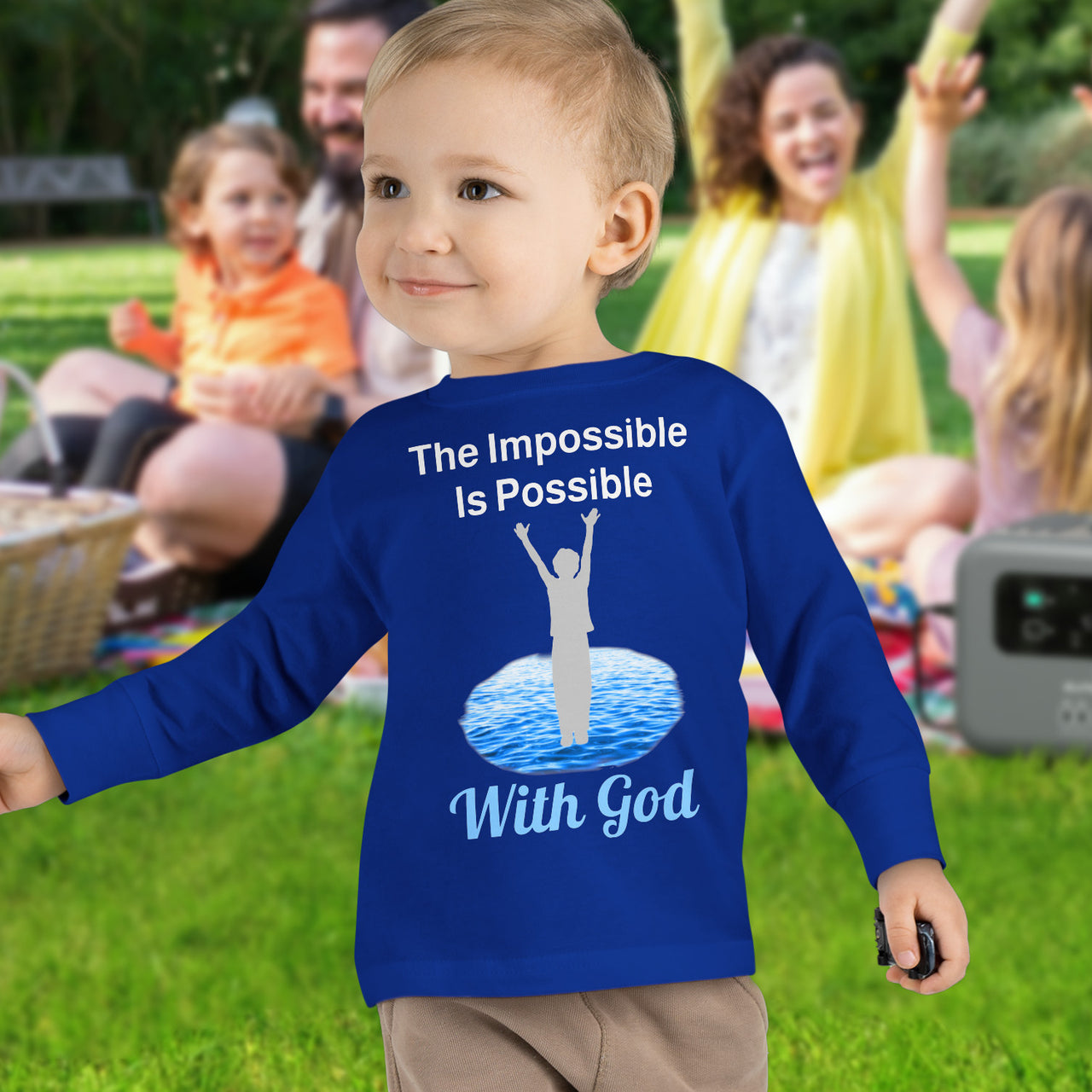 Rabbit Skins toddler long-sleeve t-shirt with “Impossible Toddler” design and faith-filled message, soft cotton, breathable and durable, Christian apparel for active toddlers and spiritual encouragement, toddler boy in blue shirt