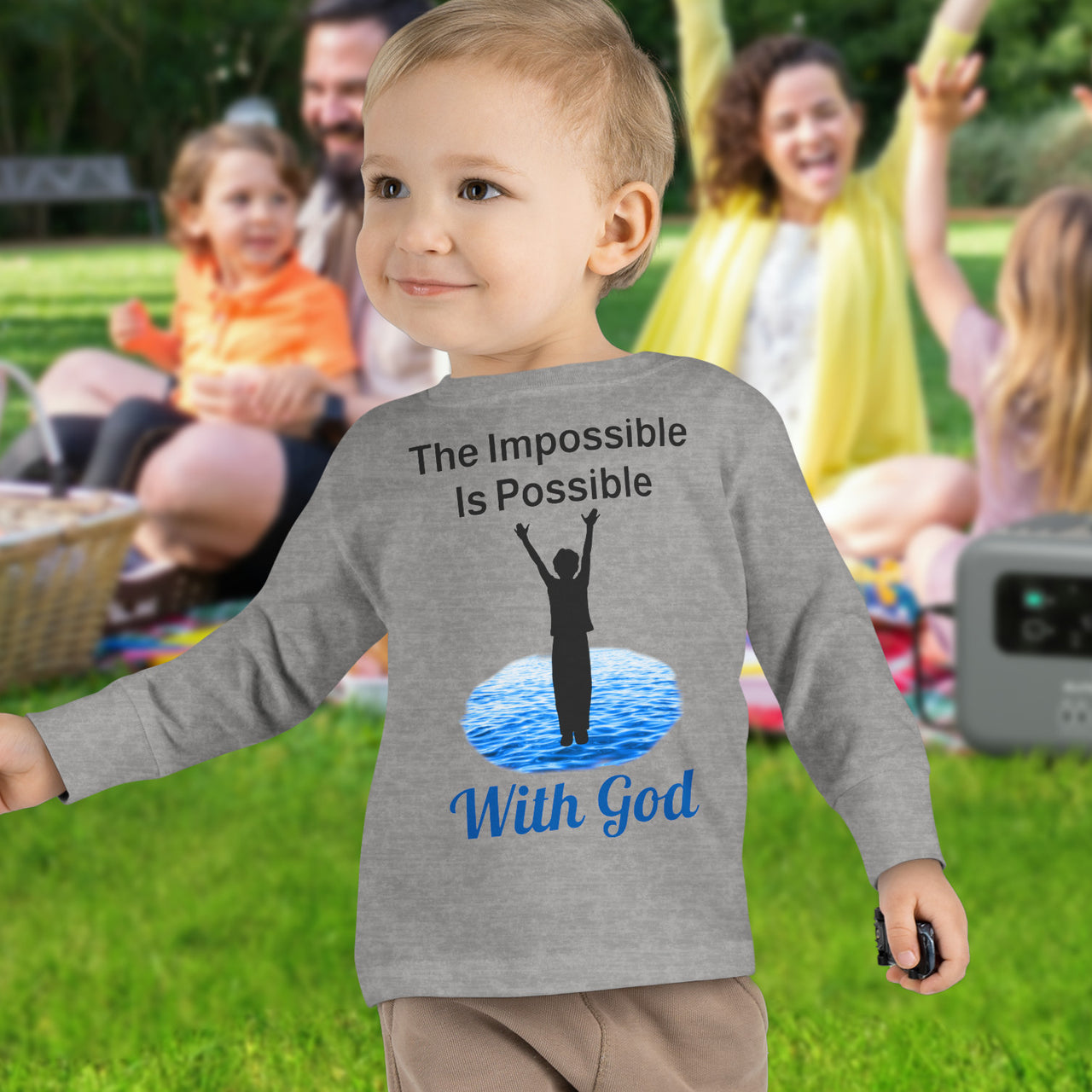 Rabbit Skins toddler long-sleeve t-shirt with “Impossible Toddler” design and faith-filled message, soft cotton, breathable and durable, Christian apparel for active toddlers and spiritual encouragement, toddler boy in gray shirt