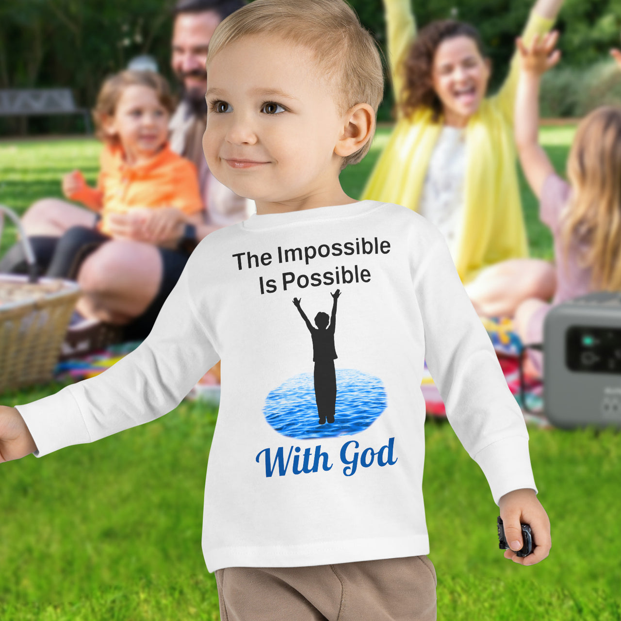 Rabbit Skins toddler long-sleeve t-shirt with “Impossible Toddler” design and faith-filled message, soft cotton, breathable and durable, Christian apparel for active toddlers and spiritual encouragement, toddler boy in white shirt