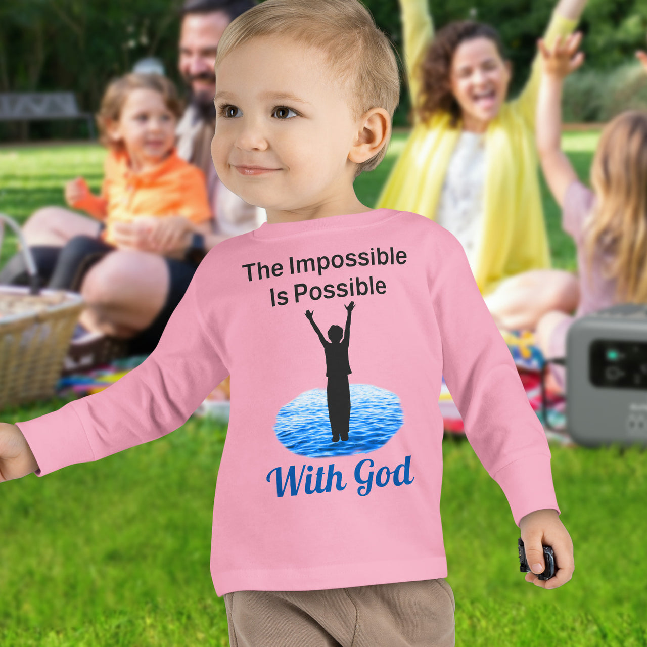 Rabbit Skins toddler long-sleeve t-shirt with “Impossible Toddler” design and faith-filled message, soft cotton, breathable and durable, Christian apparel for active toddlers and spiritual encouragement, toddler boy in pink shirt