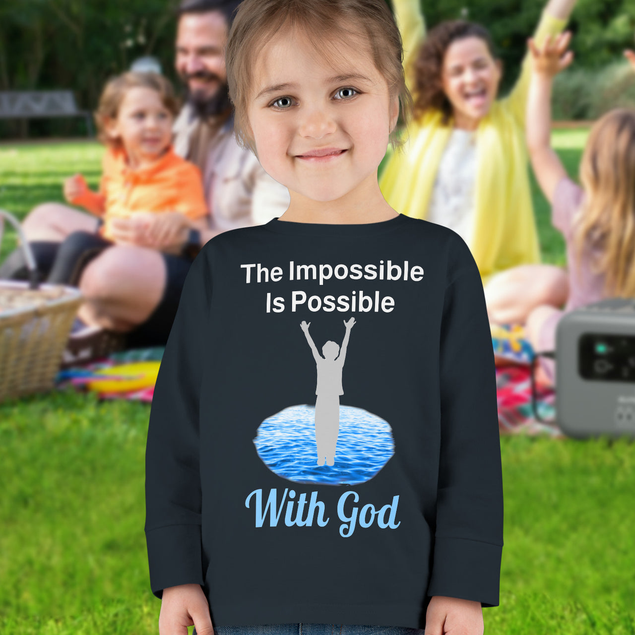 Rabbit Skins toddler long-sleeve t-shirt with “Impossible Toddler” design and faith-filled message, soft cotton, breathable and durable, Christian apparel for active toddlers and spiritual encouragement, toddler girl in black shirt