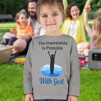 Rabbit Skins toddler long-sleeve t-shirt with “Impossible Toddler” design and faith-filled message, soft cotton, breathable and durable, Christian apparel for active toddlers and spiritual encouragement, toddler girl in gray shirt