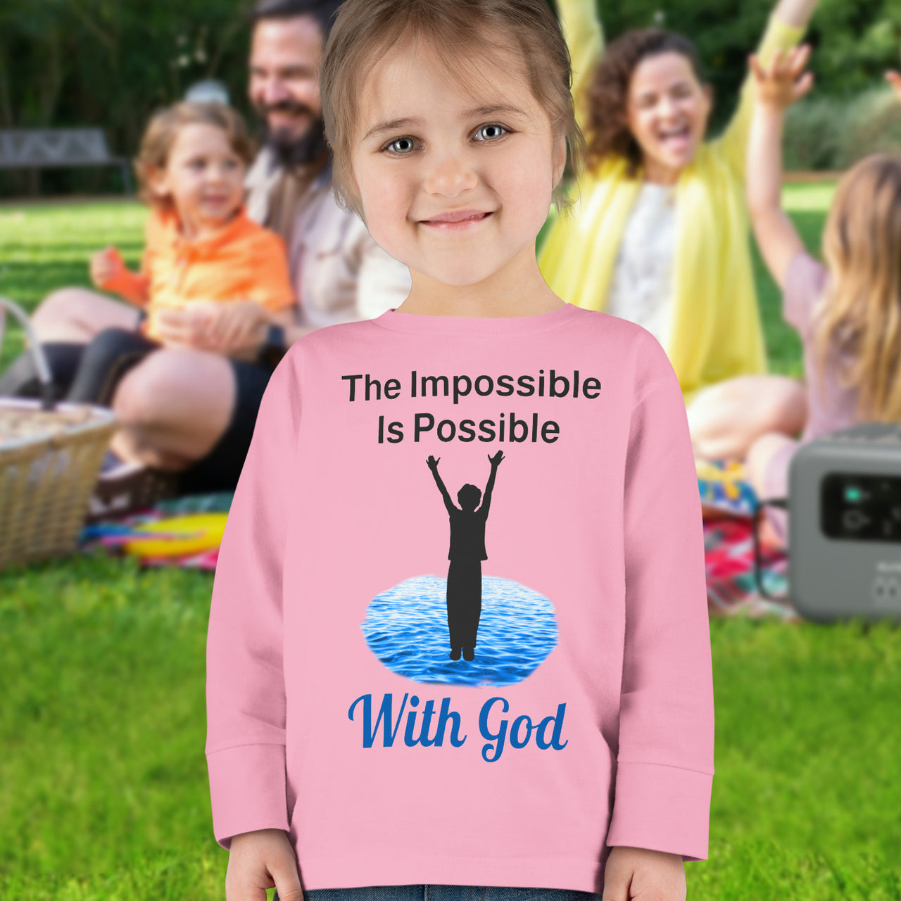 Rabbit Skins toddler long-sleeve t-shirt with “Impossible Toddler” design and faith-filled message, soft cotton, breathable and durable, Christian apparel for active toddlers and spiritual encouragement, toddler girl in pink shirt