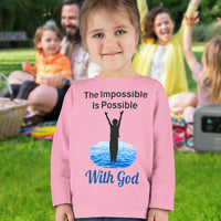 Rabbit Skins toddler long-sleeve t-shirt with “Impossible Toddler” design and faith-filled message, soft cotton, breathable and durable, Christian apparel for active toddlers and spiritual encouragement, toddler girl in pink shirt