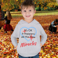 Rabbit Skins toddler fleece hoodie with “Miracles Happen” design and uplifting message, soft cotton-poly blend, jersey-lined hood, Christian apparel for cozy wear and faith-filled gifting, toddler boy in gray hoodie