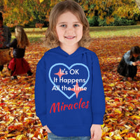 Rabbit Skins toddler fleece hoodie with “Miracles Happen” design and uplifting message, soft cotton-poly blend, jersey-lined hood, Christian apparel for cozy wear and faith-filled gifting, toddler girl in blue hoodie