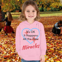Rabbit Skins toddler fleece hoodie with “Miracles Happen” design and uplifting message, soft cotton-poly blend, jersey-lined hood, Christian apparel for cozy wear and faith-filled gifting, toddler girl in pink hoodie