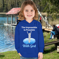 Rabbit Skins toddler fleece hoodie with “Impossible Toddler” design and faith-filled message, soft cotton-poly blend, durable stitching, Christian apparel for active toddlers and spiritual encouragement, toddler girl in blue hoodie
