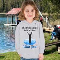 Rabbit Skins toddler fleece hoodie with “Impossible Toddler” design and faith-filled message, soft cotton-poly blend, durable stitching, Christian apparel for active toddlers and spiritual encouragement, toddler girl in gray hoodie