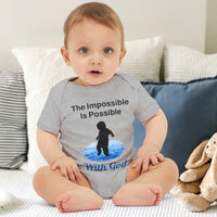 Bella+Canvas baby onesie with “Impossible Baby” design and faith-filled message, soft cotton, envelope neck and snap closure, Christian apparel for infants and spiritual encouragement, baby boy in gray onesie