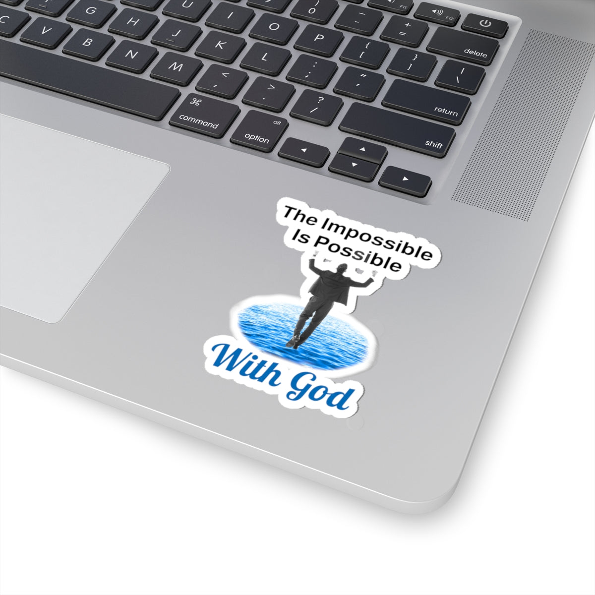 Sheet of 4 vinyl stickers with “Impossible Man” design, message “The Impossible Is Possible with God,” glossy finish, inspirational stickers for men who walk by faith for the impossible, 3-inch sticker on laptop