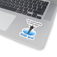 Sheet of 4 vinyl stickers with “Impossible Man” design, message “The Impossible Is Possible with God,” glossy finish, inspirational stickers for men who walk by faith for the impossible, 3-inch sticker on laptop