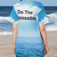Soft, breathable activewear shirt with “Impossible Woman” design, message “The Impossible Is Possible with God,” spiritual shirt for women walking without limitations, back of shirt displaying,