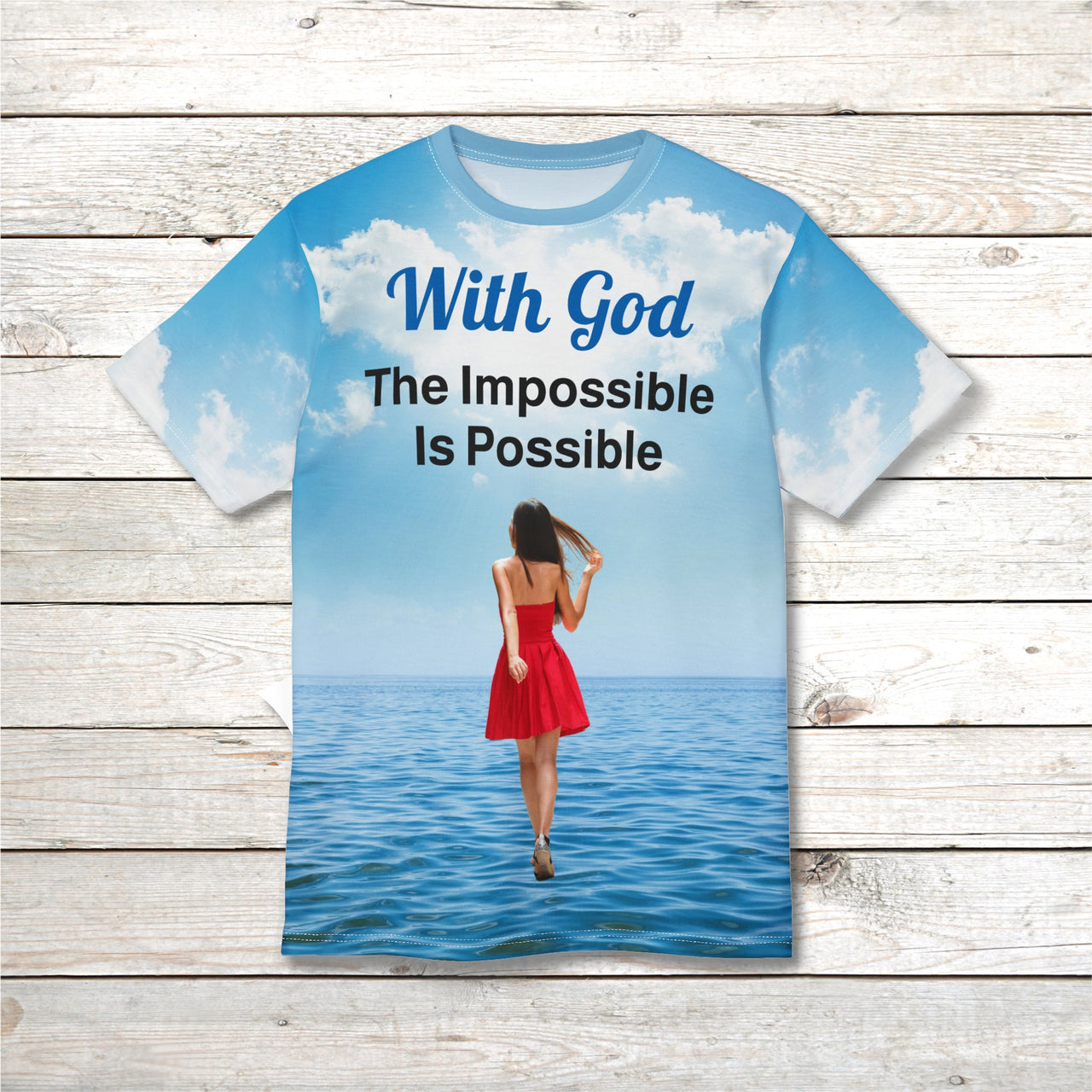 Soft, breathable activewear shirt with “Impossible Woman” design, message “The Impossible Is Possible with God,” spiritual shirt for women walking without limitations, shirt front