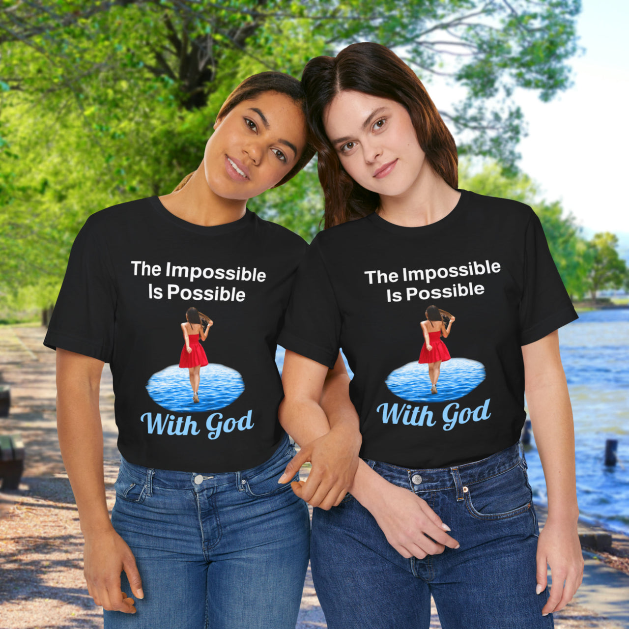 Soft, breathable Bella+Canvas t-shirt made from preshrunk cotton with “Impossible Woman” design message, “The Impossible Is Possible with God,” inspirational shirt encouraging bold obedience and faith-filled movement with God, friends in matching black t-shirts